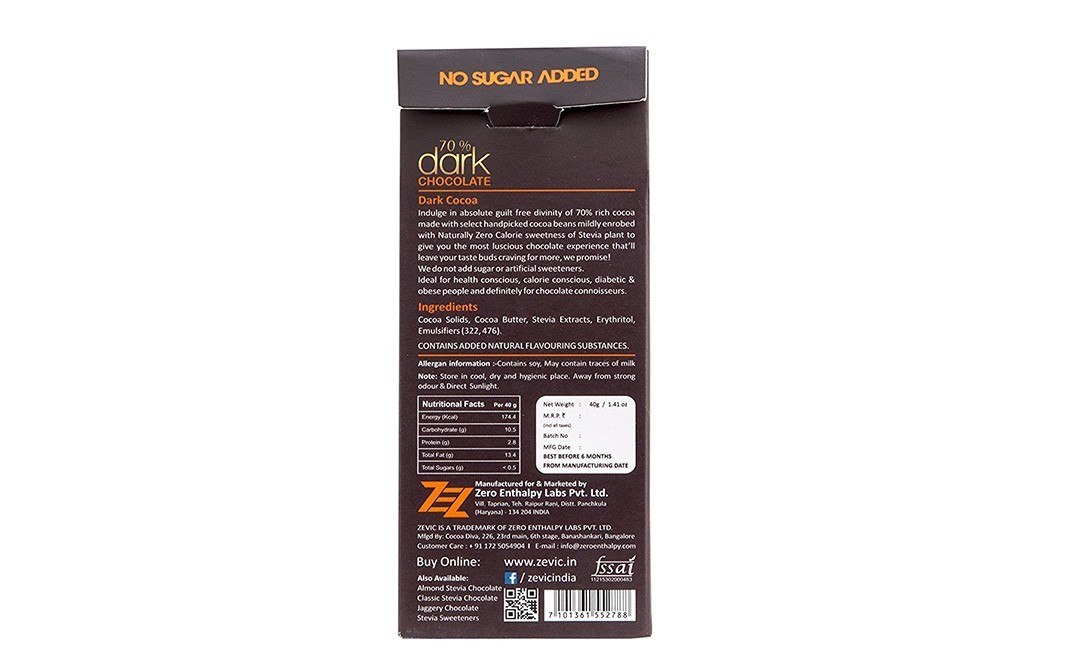 Zevic 70% Dark Chocolate Stevia Belgian Cocoa   Box  40 grams